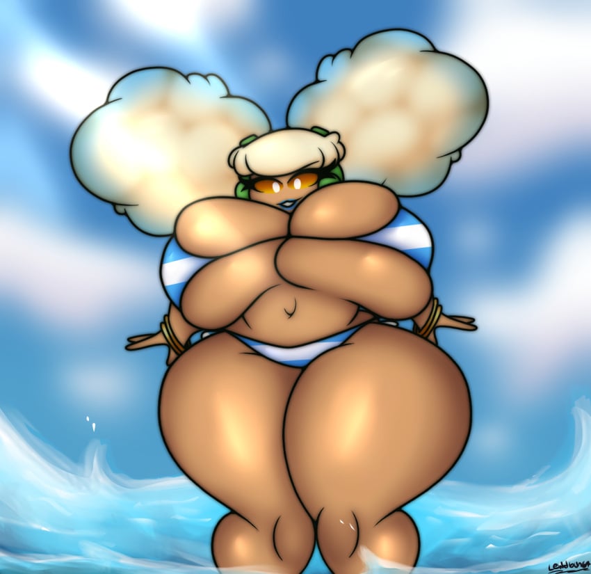 absurd_res anthro big_breasts bikini bikini_thong bikini_top blue_lips bracelet breasts brown_body celes_(celes_the_whim) clothing female generation_5_pokemon hair hi_res huge_breasts jewelry lewd_bun64 lips navel nintendo pokemon pokemon_(species) solo strugglebunny swimwear thick_thighs water whimsicott white_eyes white_hair