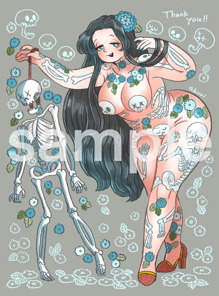 1girls blue_eyes bodypaint breasts chubby dia_de_los_muertos female flower grey_background hair_flower high_heels long_hair looking_at_viewer nail_polish naked nude panoramango pasties skeleton standing