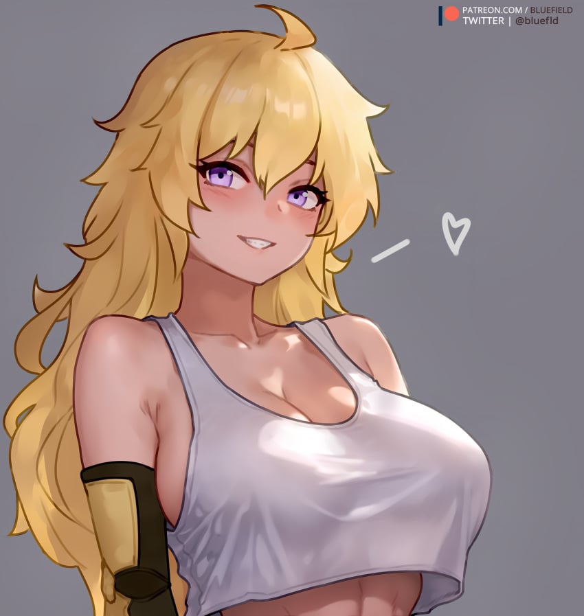 1girls abs ahoge blonde_hair bluefield blush breasts crop_top female fit_female heart large_breasts light-skinned_female light_skin long_hair loose_clothes prosthetic prosthetic_arm purple_eyes rwby sideboob simple_background smile tank_top workout_clothes yang_xiao_long