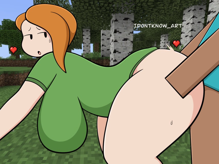 1boy 1boy1girl 1girls alex_(minecraft) artist_name big_breasts green_shirt heart idontknow_art large_breasts minecraft orange_hair self_upload sex side_view steve_(minecraft) tagme thick_thighs