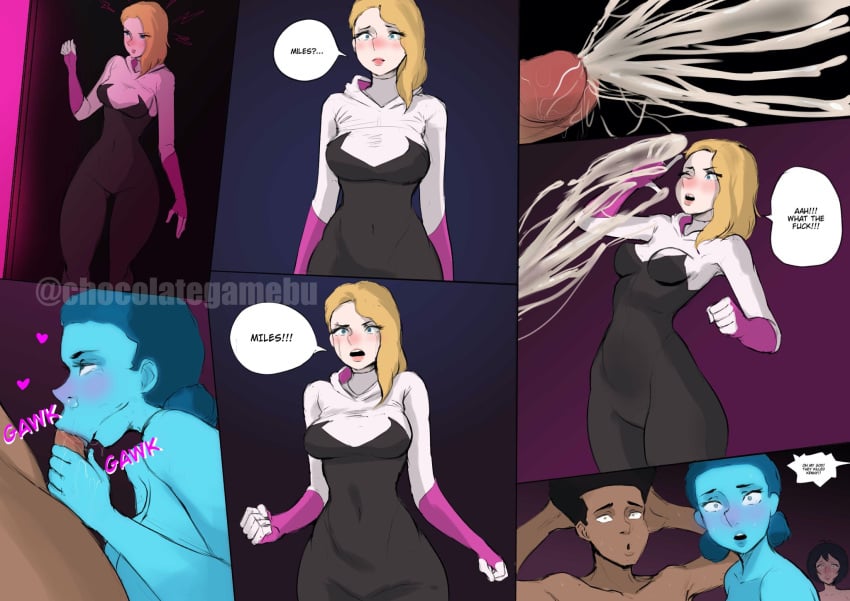 1boy 2d 3girls asian_female asymmetrical_hair big_breasts blonde_hair blowjob blue_body blush caught caught_in_the_act chocolategamebu comic cuckquean cum cum_on_cuckquean cum_on_person dark-skinned_female dark-skinned_male dark_skin deepthroat dialogue fellatio female ffm_threesome gwen_stacy gwen_stacy_(spider-verse) human illustration imminent_foursome light-skinned_female light_skin male male/female margo_kess marvel marvel_comics miles_morales pale-skinned_female pale_skin peni_parker penis spider-byte spider-gwen spider-man:_across_the_spider-verse spider-man:_into_the_spider-verse spider-man_(series) straight sucking_penis surprise_cumshot threesome