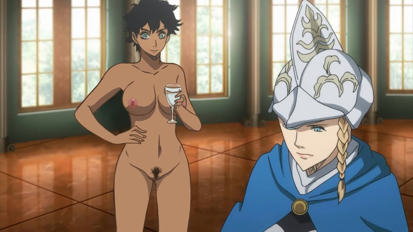 2girls black_clover black_hair blonde_hair blue_eyes blue_rose_uniform breasts charlotte_roselei completely_nude dark-skinned_female midriff multiple_girls nipples nude nude_female short_hair sol_marron