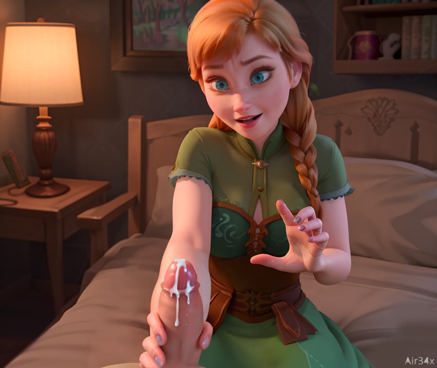 1boy 1girls ai_generated air34x anna_(frozen) bed bedroom blue_eyes brown_hair clothing cum disney dress female frozen_(film) hand_on_penis handjob male penis