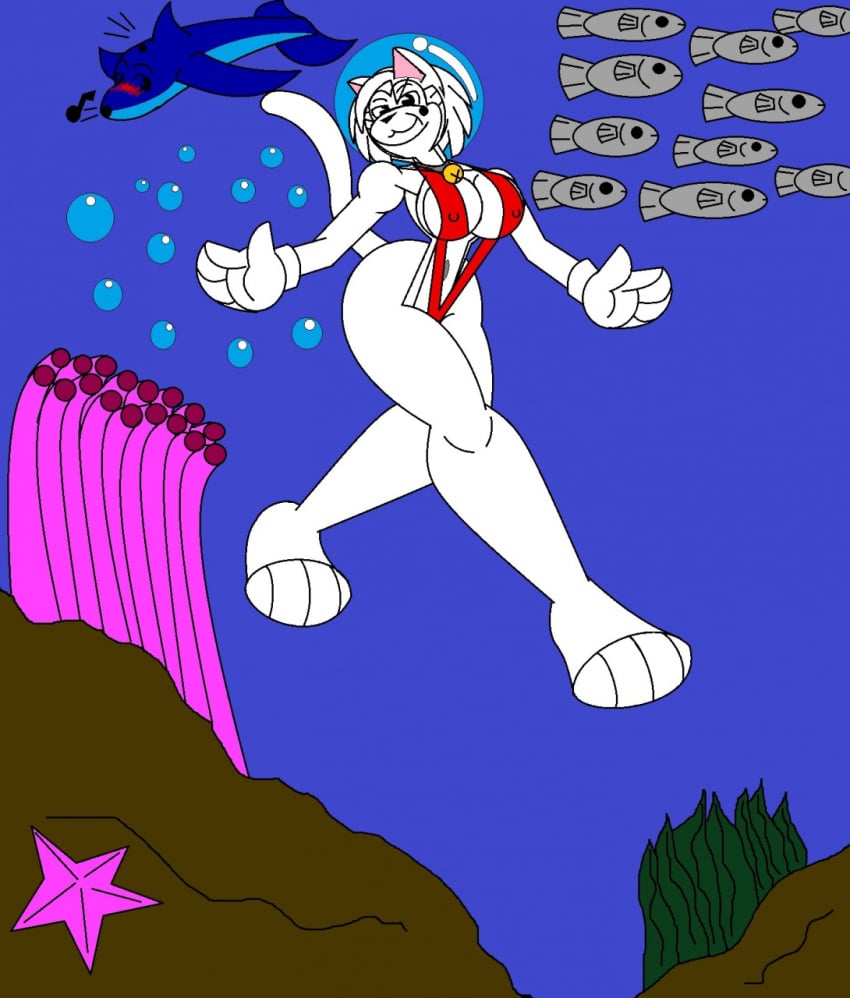 anthro bell_collar big_breasts big_hips bikini cartoony dolphin fetichi_the_cat furry gloves marlon64 swimsuit underwater