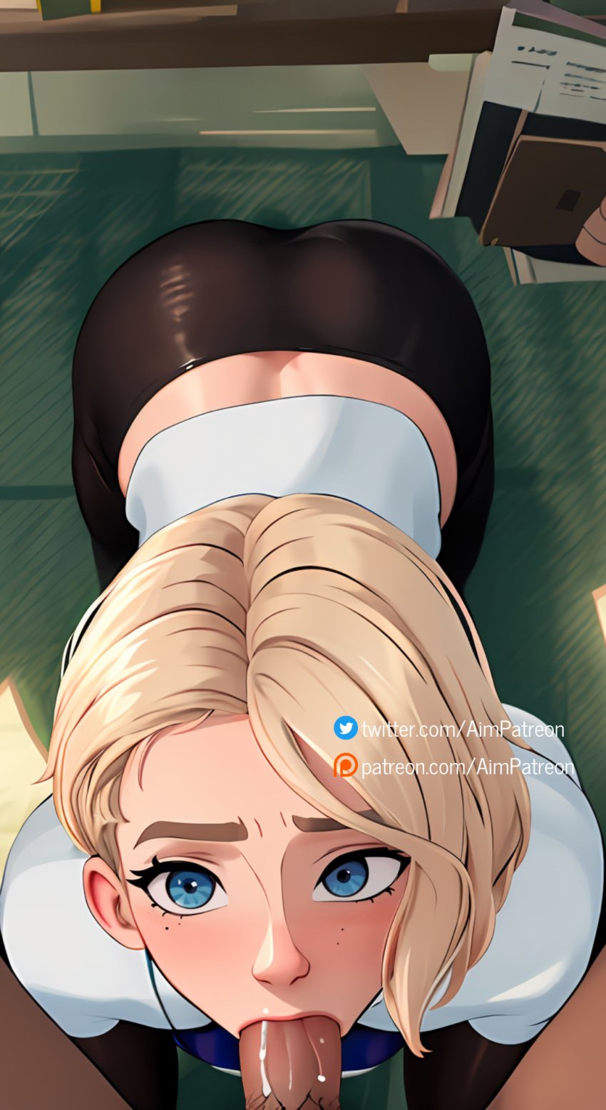 1boy 1girls :>= ai_generated aim_patreon all_fours ass blonde_hair blue_eyes breasts brown_skin cute deep_blowjob deepthroat eye_contact fellatio female from_above gwen_stacy interracial leggings light-skinned_female light_skin looking_at_viewer looking_up marvel oral penis petite pov short_hair skinny slim solo_focus spider-man:_across_the_spider-verse spider-man:_into_the_spider-verse spider-man_(series) straight tan_skin teenager uncensored url