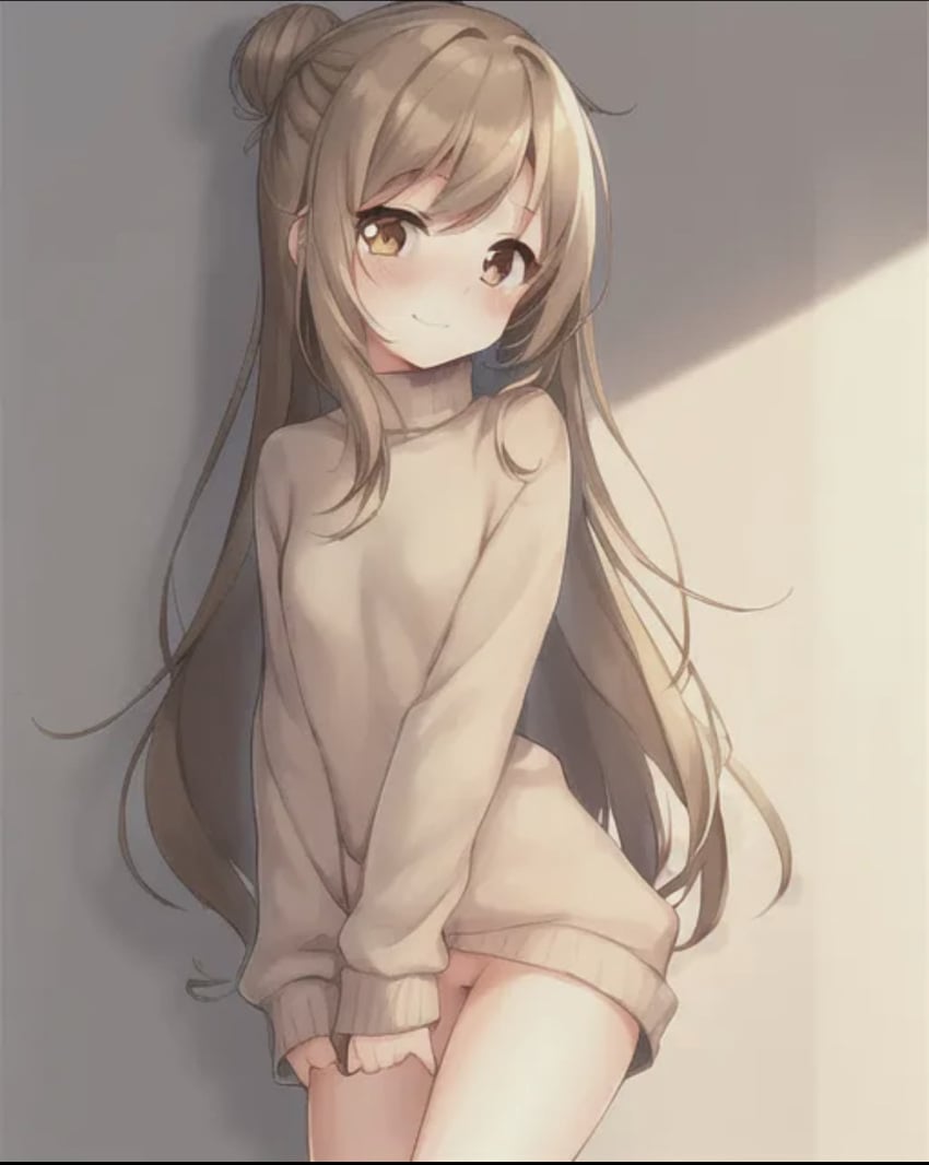 ai_generated beige_sweater blush brown_eyes brown_hair female girl half-dressed light_brown_eyes long_hair looking_at_viewer no_panties no_pants slight_blush