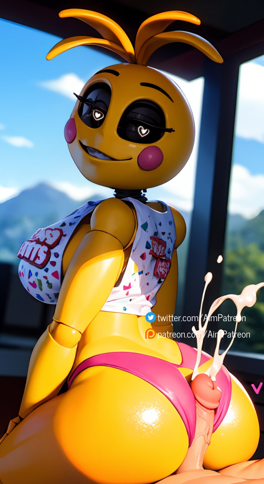 1boy 1girls ai_generated aim_patreon antenna_hair anthro ass bclothes_writing big_breasts blue_sky blurry_background breasts clothing cloud cloudy_sky cum cum_on_ass cum_on_body cum_on_clothes cum_on_self day ejaculation erection female five_nights_at_freddy's five_nights_at_freddy's_2 fnaf from_behind hot_dogging large_breasts large_penis lips lipstick looking_back makeup male nude penis projectile_cum short_hair sky smile solo_focus straight testicles toy_chica_(fnaf) toy_chica_(love_taste) uncensored veiny_penis