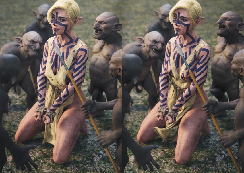 3d abs amazon barbarian blonde blonde_hair bodypaint bondage bound bound_wrists captured captured_heroine completely_nude completely_nude_male confidence_loss confident dungeons_and_dragons elf exposed_breasts forced_exposure geterafromfaerun goblin goblin_male half-elf half_elf imminent_rape imminent_sex muscular muscular_female sex_slave slave slavegirl small_dom_big_sub smaller_male spoils_of_war stripped tagme tribal tribal_markings yolande_(geterafromfaerun)