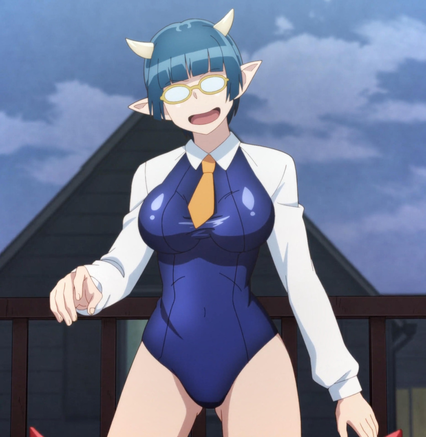 accurate_art_style blue_hair breasts clothing demon_girl demon_horns hips horns impractical_clothing large_breasts level_1_demon_lord_and_one_room_hero medium_hair monster_girl pointy_ears screencap screenshot tagme thighs tummy zenia_(level_1_demon_lord_and_one_room_hero)