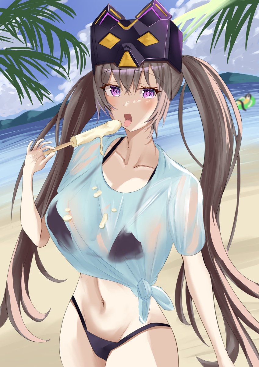 1girls beach bikini breasts brown_eyes brown_hair duel_monster female i:p_masquerena ice_cream jacket long_hair looking_at_viewer navel nipples see-through see-through_jacket solo suggestive_fluid yu-gi-oh!