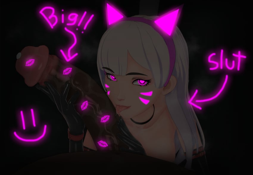 !! 1boy 1girls 2023 3d :) alternate_hair_color animal_ears armwear black_armwear black_penis blizzard_entertainment cat_ears close-up d.va dark-skinned_male dark_penis dark_skin english_text facial_markings fake_animal_ears fat_male female glans hair_ornament heart heart-shaped_pupils hi_res high_resolution highres licking licking_penis lipstick lipstick_on_penis looking_at_viewer male male_pov mature mature_male navel older_male overwatch penis penis_grab pink_eyes pov precum prostitution saliva saliva_on_penis smile symbol-shaped_pupils text tongue tongue_out uncensored veiny_penis vyrus_smith white_hair