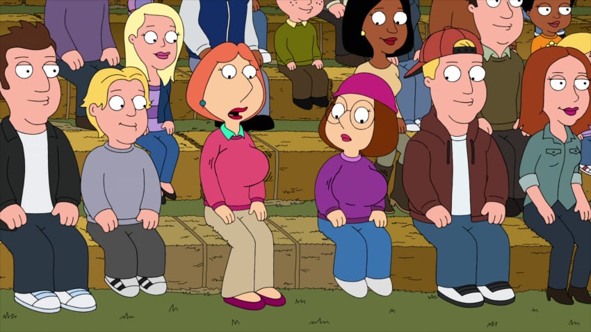 2boys 4girls accurate_art_style big_breasts breast_expansion breasts cardigan expansion family_guy ggedits hoodie huge_breasts imminent_lactation imminent_rape imminent_sex imminent_yuri large_breasts lois_griffin looking_at_breasts looking_at_own_breasts looking_down mature_female meg_griffin motion_lines public screencap screenshot screenshot_edit staring staring_at_breasts sweater