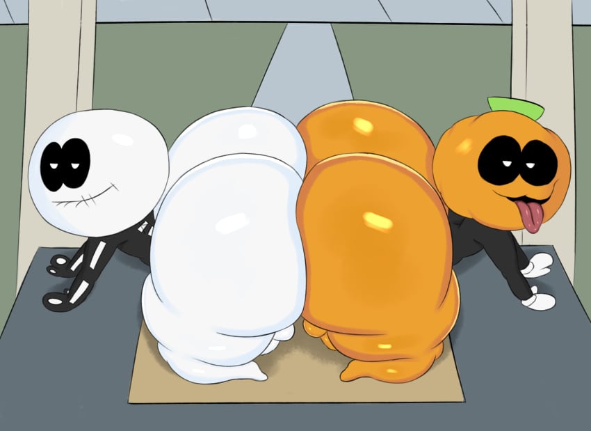 all_fours ass back_to_back balls big_ass big_butt bubble_ass bubble_butt duo genitals gloves hi_res looking_at_viewer male male/male orange_body orange_skin penis pump_(srpelo) skid_(srpelo) spooky_month stookybum tongue tongue_out white_body white_skin young