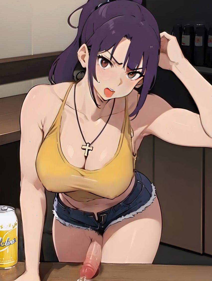 ai_generated beer breasts cum dominant drunk futanari huge_cock katsuragi_misato misato_katsuragi neon_genesis_evangelion nipples_visible_through_clothing protruding_nipples stable_diffusion tank_top thick_thighs