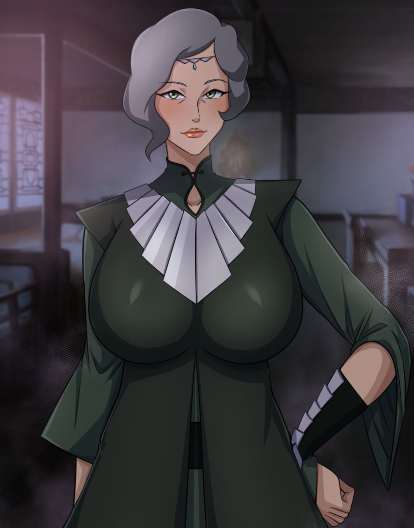 1girls avatar_legends big_breasts blush breasts busty curvaceous curvy curvy_body curvy_female curvy_figure earth_kingdom female green_eyes huge_breasts large_breasts looking_at_viewer milf smile suyin_bei_fong the_legend_of_korra vijaz voluptuous