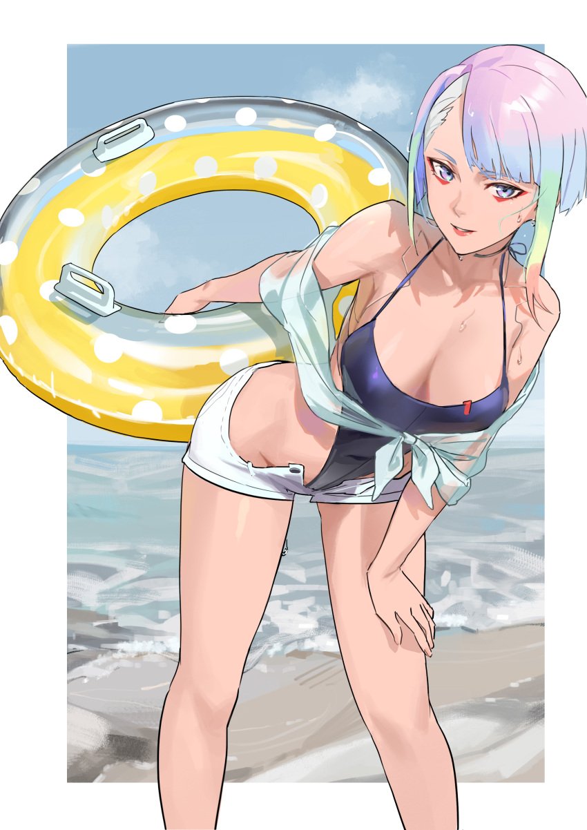 1girls beach big_ass big_breasts cd_projekt_red cleavage cyberpunk:_edgerunners cyberpunk_2077 female female_only light-skinned_female looking_at_viewer lucyna_kushinada mumei_(artist) pov studio_trigger wet