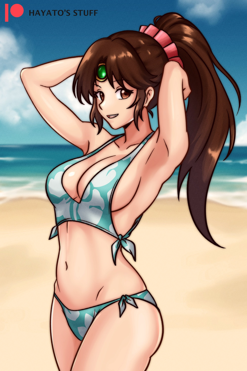 1girls alternate_costume armpits beach bikini blue_bikini blue_swimsuit breasts brown_eyes brown_hair cleavage female female_only fire_emblem fire_emblem:_mystery_of_the_emblem fire_emblem:_shadow_dragon_and_the_blade_of_light hayato_stuff large_breasts linde_(fire_emblem) long_hair looking_at_viewer nintendo ocean open_mouth outdoors ponytail sideboob smile solo swimsuit