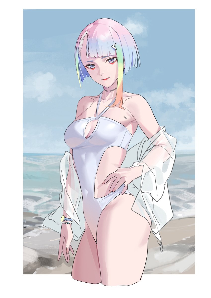 1girls beach big_ass big_breasts cd_projekt_red cyberpunk:_edgerunners cyberpunk_2077 female female_only light-skinned_female lucyna_kushinada mumei_(artist) studio_trigger wet