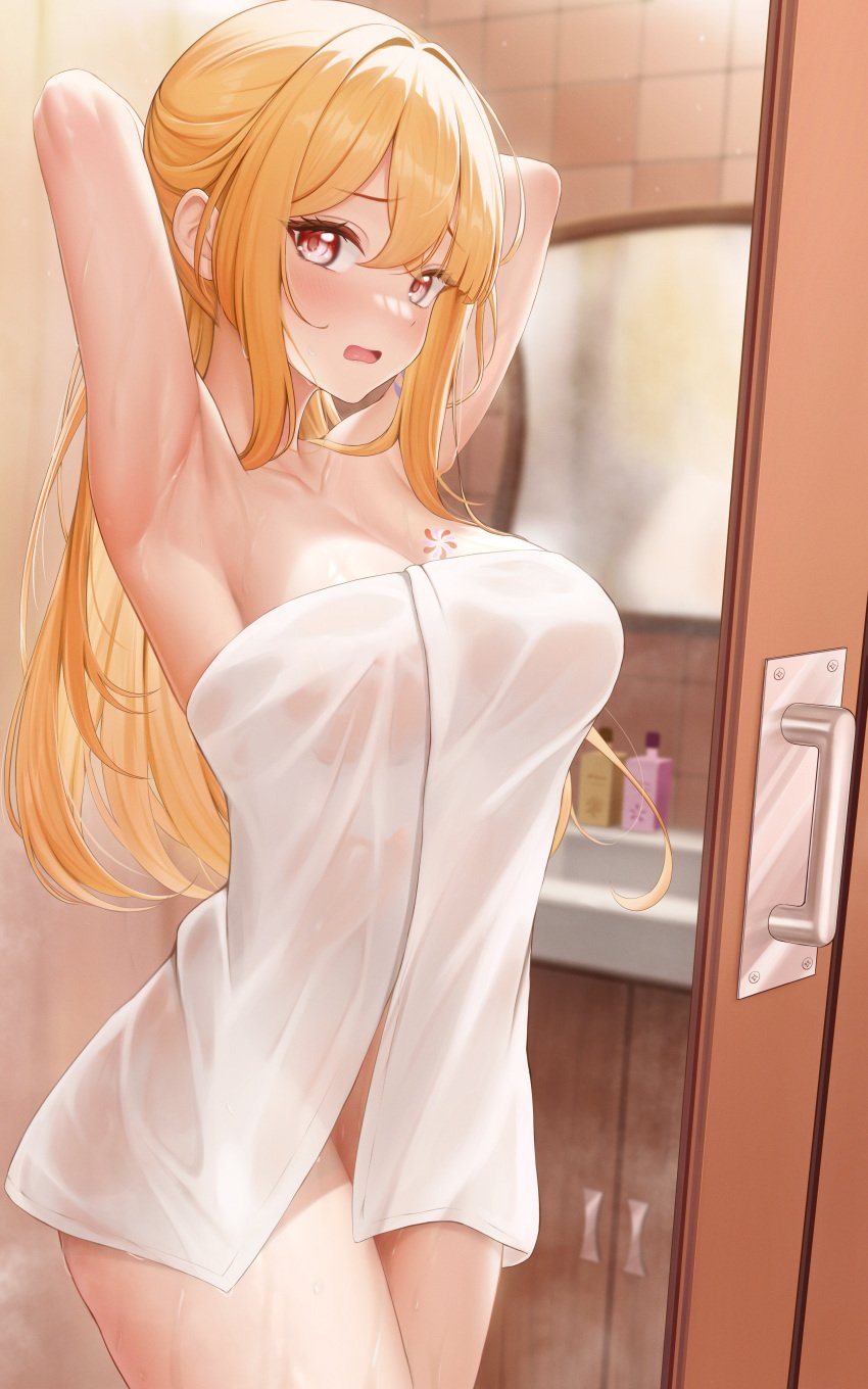 arayuki_(sakurafubuki) areolae armpits ass big_ass big_breasts big_thighs blush breasts female genshin_impact hands_behind_head huge_ass huge_breasts huge_thighs large_ass large_breasts large_thighs long_hair naked_towel navel nipples pussy shower thick_thighs thighs towel voluptuous yoimiya_(genshin_impact)