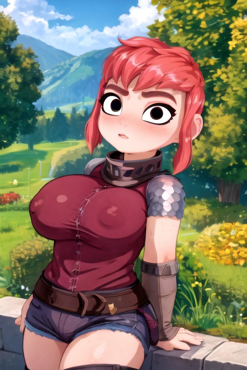 1girls ai_generated ai_hands areola_bulge big_breasts breasts curvaceous curvy detailed_background female female_focus female_only hi_res netflix nimona nimona_(nimona) nipple_bulge red_hair stable_diffusion thick_thighs xerberus0