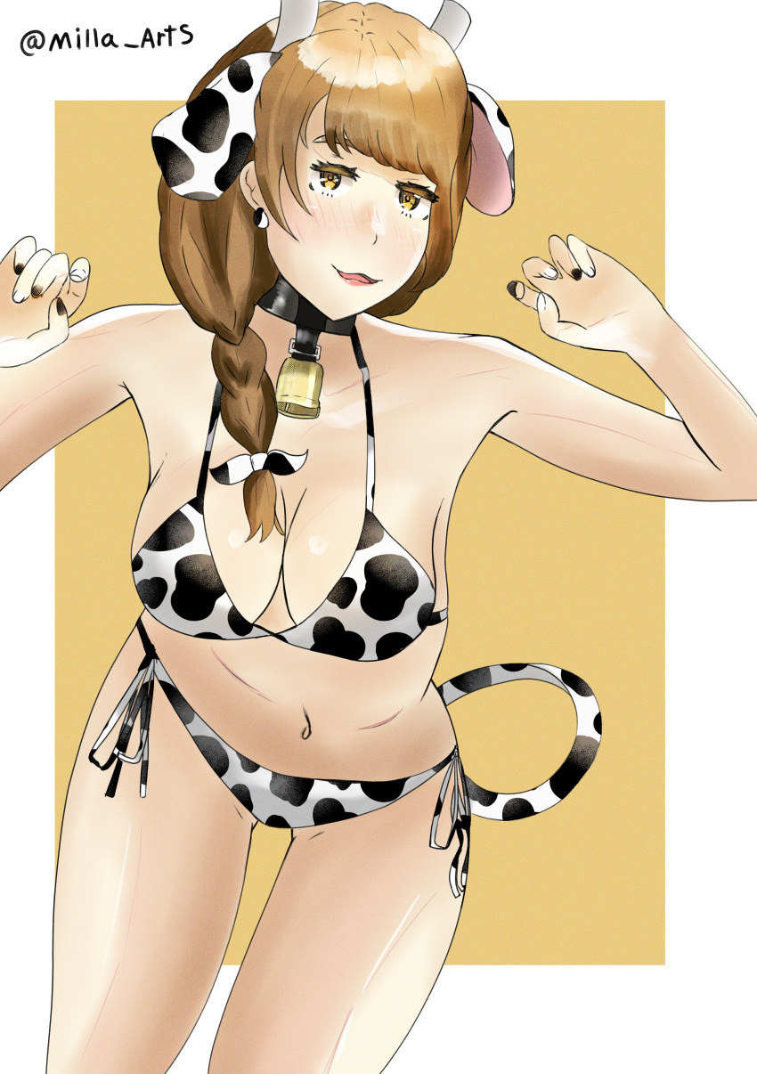 1girls ass_visible_through_thighs bangs bell bell_collar bikini black_nails braid brown_hair cleavage collar cow_print cow_print_bikini female female_only fire_emblem fire_emblem_engage goldmary_(fire_emblem) hair_over_shoulder large_breasts looking_at_viewer medium_hair milla_arts nail_polish nintendo side_ponytail smile solo tail white_nails yellow_eyes