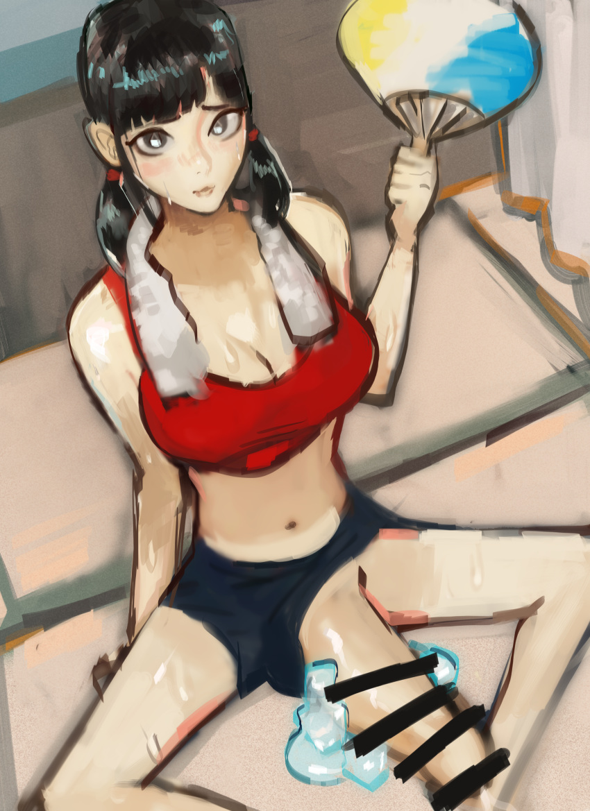 1futa bangs bar_censor big_breasts black_hair blush breasts brown_eyes censored cleavage clothed clothing crop_top dickgirl erection fan futa_only futanari huge_cock human ice kmaro light-skinned_futanari light_skin mostly_clothed nervous_smile penis precum shorts shorts_aside solo sweat sweaty_body towel twintails twintails_(hairstyle) upshorts