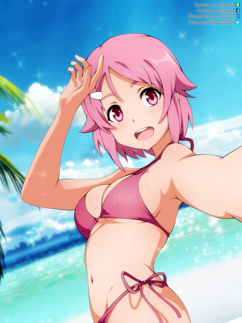 1girls arm_up armpit_peek beach big_breasts bikini breasts busty cleavage female female_only highres large_breasts legs lisbeth looking_at_viewer navel ocean open_mouth pink_bikini pink_eyes pink_hair shinozaki_rika short_hair shugo19 smile solo swimsuit sword_art_online thighs voluptuous water