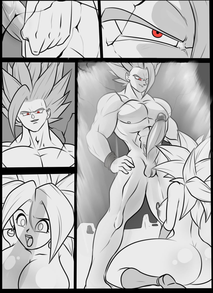 1boy 1girls 2girls artdefox ass beast beast_mode black_and_white breasts dragon_ball dragon_ball_super erection female fusion gohan_beast kafla kefla legendary_super_saiyan male nipples red_eyes son_gohan super_saiyan super_saiyan_2 tagme uncensored