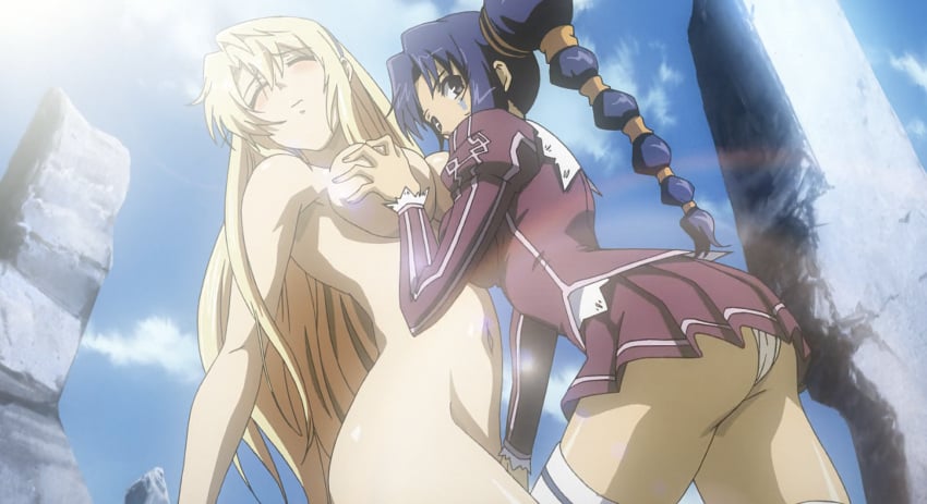 2girls ass big_ass big_breasts blonde_hair blue_hair blush braid braided_ponytail breast_grab breasts brown_eyes busty closed_eyes fat_ass female female_only freezing_(series) grabbing highres huge_ass large_breasts legs long_hair looking_at_viewer molestation multiple_girls navel nude panties rana_linchen satellizer_el_bridget screencap stitched thighs third-party_edit underwear voluptuous