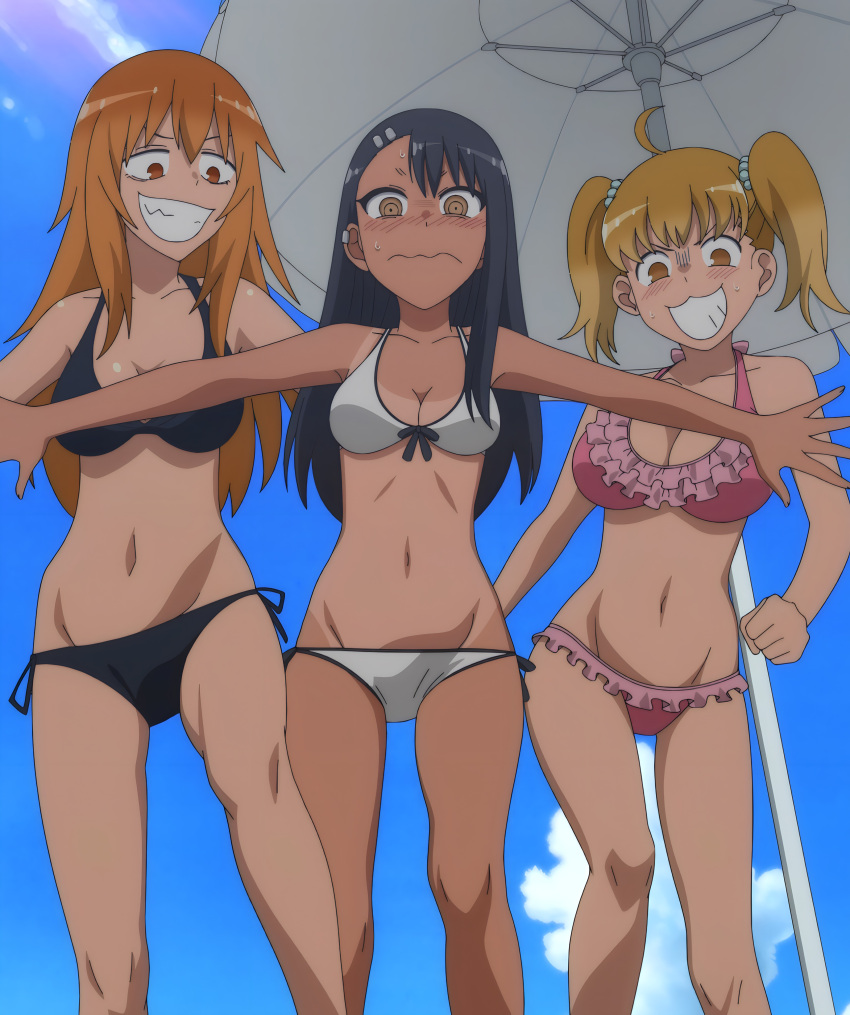 3girls 774_(nanashi) accurate_art_style big_breasts bikini black_hair blonde_hair brown_eyes busty cleavage female female_only gamo-chan hayase_nagatoro hi_res large_breasts legs long_hair multiple_girls navel orange_eyes orange_hair please_don't_bully_me,_nagatoro screencap smile stitched tan tan_body tanline thighs twintails voluptuous yoshi_(nagatoro)