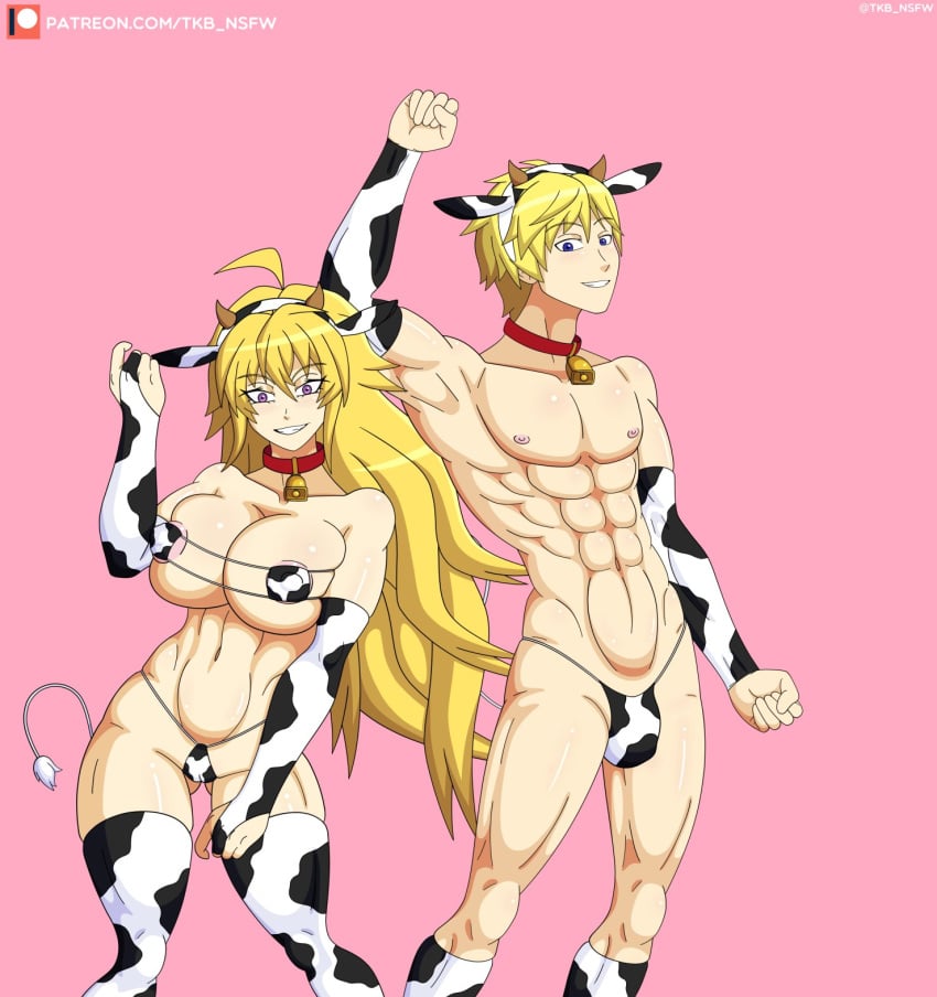 1boy 1boy1girl 1girls 1male abs blonde_hair cow_ears cow_girl cow_print cowbell female jaune_arc long_hair male rwby short_hair tkb_nsfw yang_xiao_long