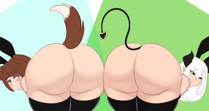 2023 2boys animated big_ass bottomless bouncing_ass brown_hair bunnysuit curvaceous daidaikon dat_ass dogboy duo duo_focus english_text fat_ass femboy gigantic_ass huge_ass huge_thighs inuko_jun levi_(the_yeager) looking_back male male_focus motion_lines nude nude_male oc original original_character pawprint pink_hair plump presenting_hindquarters rear_view smile text thick_thighs topwear wide_hips