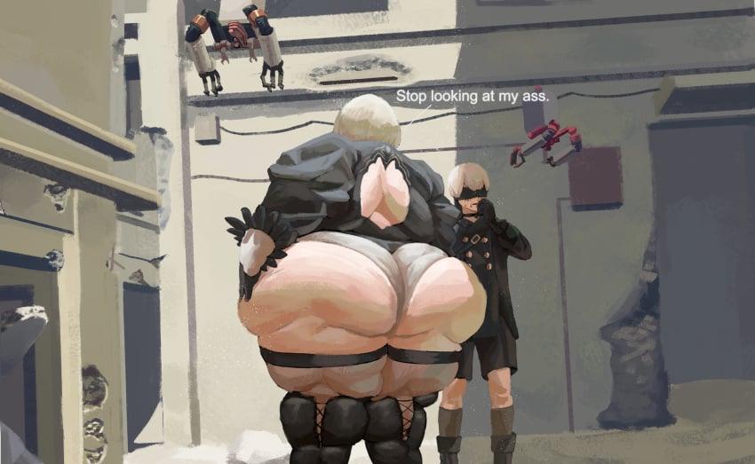 1boy 1girls android bbw blindfold blush boots bursting_out_of_clothing cellulite coat dialogue duo duo_focus fat female focus_on_ass hands_on_hips huge_ass huge_thighs leotard male massive_ass nervous_male nier nier:_automata obese obese_female overweight overweight_female robot robot_boy robot_girl sweat talking_to_partner text thick_thighs white_hair yorha_2b yorha_9s