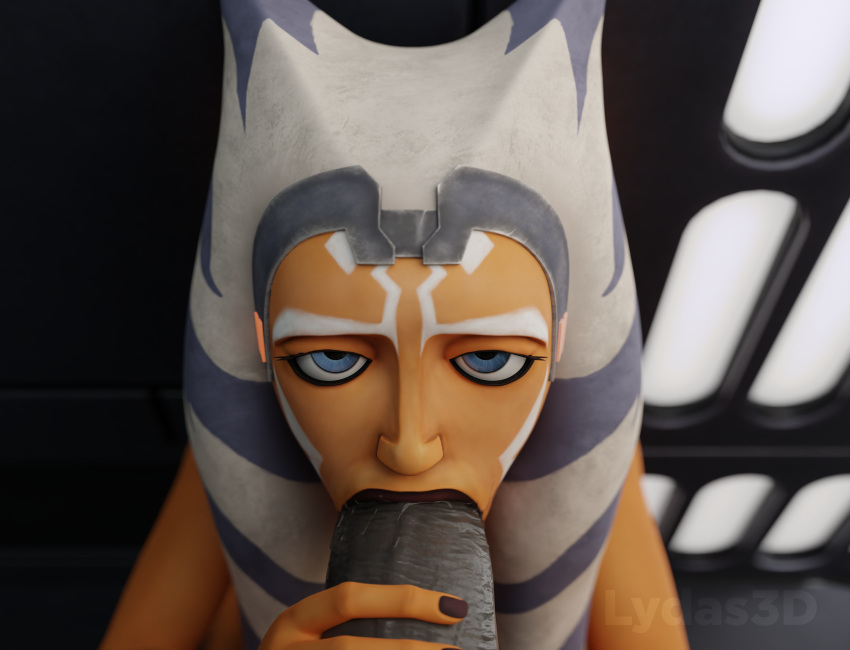 1boy 1girls ahsoka_tano airress3d_(3d-modeller) alien_girl big_penis blowjob blue_eyes clone_wars erection eye_contact hi_res high_resolution highres looking_at_viewer looking_back looking_up lydaz open_mouth oral orange_body orange_skin penis star_wars togruta unseen_male_face wookiee