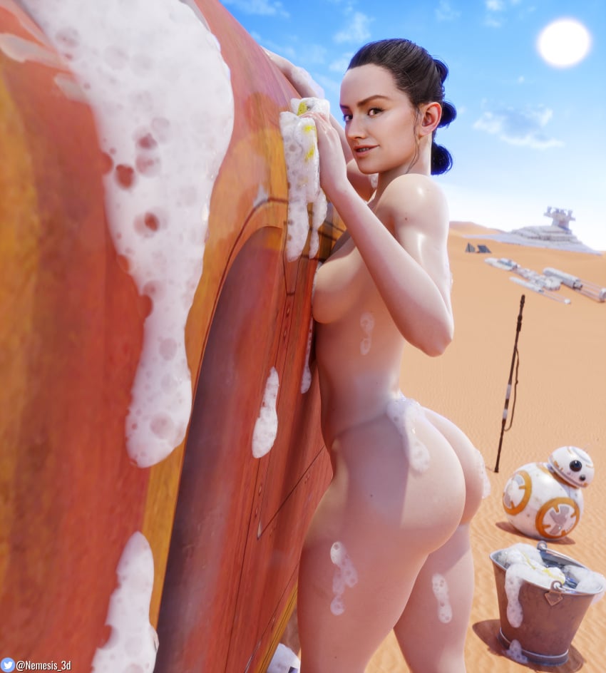 1girls 3d absurd_res ass bb-8 big_butt breasts brown_hair casual female female_only hi_res highres human nemesis_3d nude nudist pale_skin rey shiny_skin soap soap_bubbles soapy speeder_bike standing star_wars thick_thighs thighs