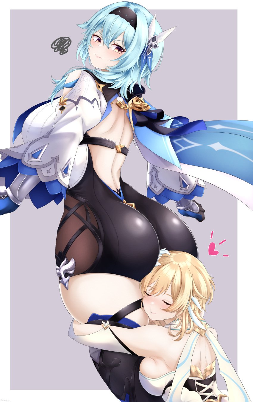 2girls ass ass_pillow ass_worship big_ass blush butt_hug eula_(genshin_impact) female female_face_near_ass female_only from_behind genshin_impact head_on_ass hug huge_ass hugging hugging_from_behind large_ass lumine_(genshin_impact) mhaknow shiny_clothes thick_thighs thigh_worship yuri