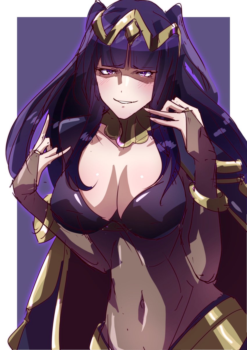 1girls absurdres black_hair blunt_bangs blush bodystocking bracelet breasts bridal_gauntlets cape circlet cleavage commentary_request covered_navel female female_only fire_emblem fire_emblem_awakening highres jewelry large_breasts long_hair looking_at_viewer navel nintendo purple_eyes smile solo tharja_(fire_emblem) tiara to_(tototo_tk) two_side_up