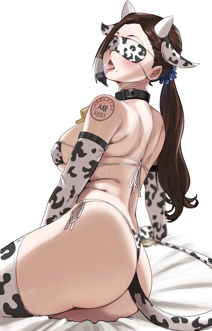 1girls 2023 armwear ass bed bed_sheet bell bell_collar blindfold blush brown_hair cloudy_rain4 collar cow_bell cow_ears cow_horns cow_print cow_print_armwear cow_print_bikini cow_print_blindfold cow_print_eyepatch_bikini cow_print_legwear cow_tail eyebrows eyepatch_bikini female legwear long_hair lying lying_on_side mature mature_female milf nipple_bulge open_mouth original sideboob simple_background solo steamy_breath thick_thighs thighhighs tongue tongue_out white_background