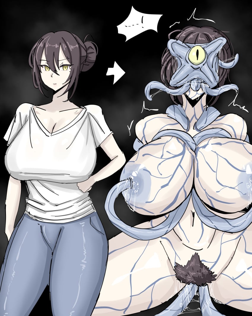 1girls alien ass_expansion assimilation before_and_after blue_tentacles breast_expansion breasts brown_hair corruption double_vaginal female huge_ass huge_breasts long_hair monster navel nipple_penetration nipples open_mouth oral parasite penetration possession pubic_hair pussy shirt spread_legs starfish starro tentacle tentacle_between_breasts thick_thighs thigh_expansion transformation vaginal_penetration veins white_shirt wide_hips xipa