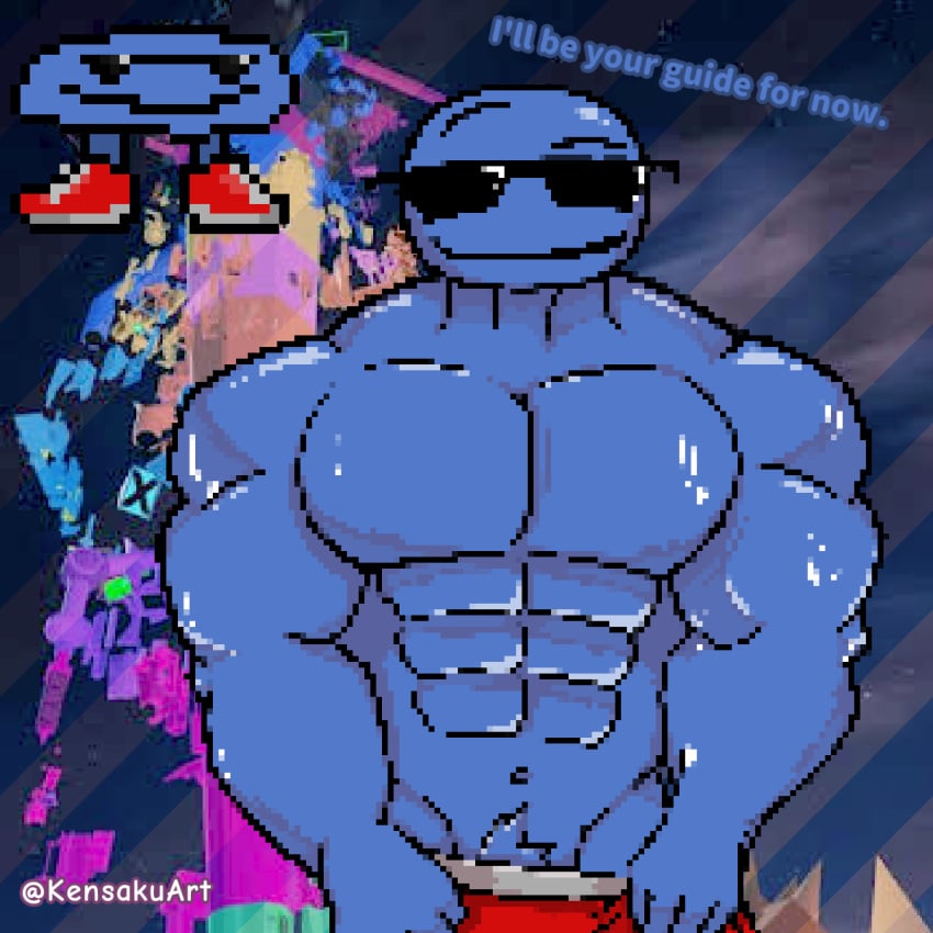 1boy abs bara blue_skin buff juke's_towers_of_hell kendrick_nsfw male_focus muscles muscular muscular_male no_nipples pixel_art roblox roblox_game robloxian smile sunglasses tocmc_guider_(jtoh)