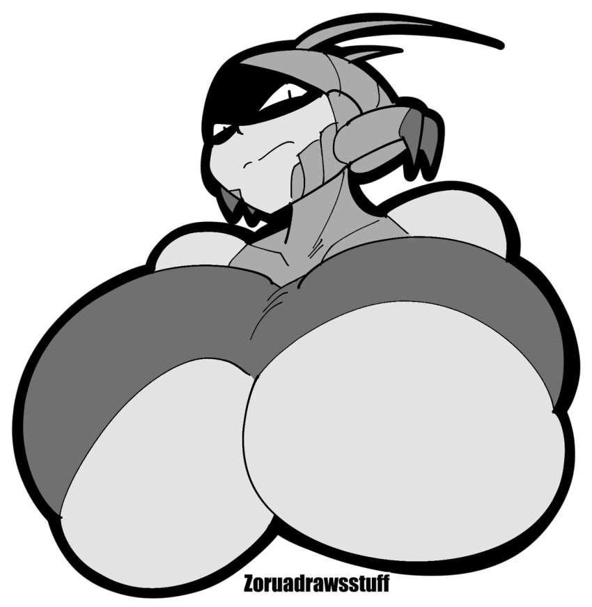 1girls 2023 big_breasts breast_focus breasts bust_portrait commission doodle english_text gigantic_breasts huge_breasts large_breasts monochrome oc original original_character sketch_commission solo solo_focus text top_heavy topwear white_background zoruadrawsstuff