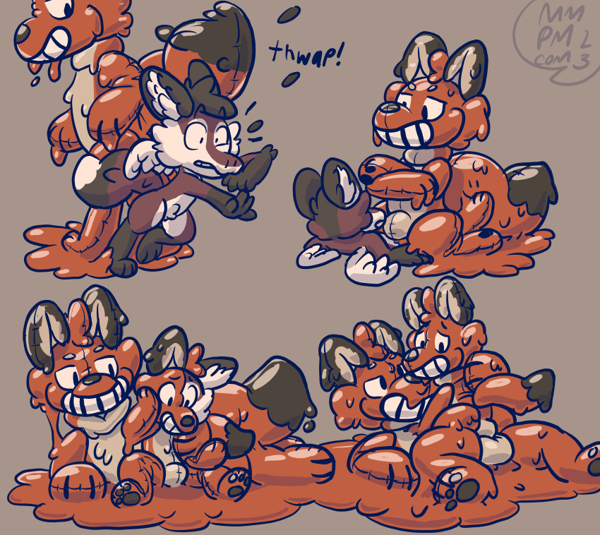 absurd_res animate_inanimate anthro bullying canid canine dragon duo fox goo_creature goo_transformation hi_res hybrid inflatable inflatable_transformation larger_male living_inflatable male male/male mammal memopemo null_bulge pinned size_difference tail tail_motion transformation twinning