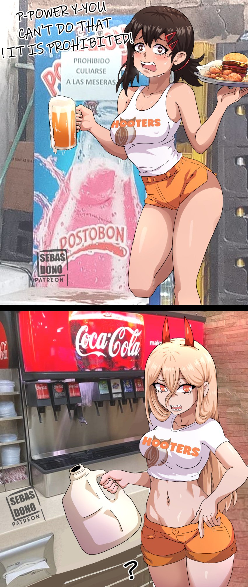 2girls breasts chainsaw_man dolphin_shorts drink english_text food higashiyama_kobeni hooters hooters_uniform horn midriff navel orange_shorts power_(chainsaw_man) sebasdono shorts skimpy skimpy_clothes tank_top waitress