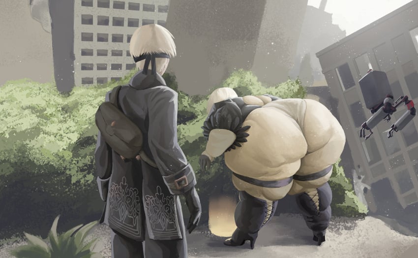 1boy 1girls android bbw bent_over boots brush bursting_out_of_clothing cellulite city duo fat fat_ass female headwear huge_ass huge_thighs leotard looking_at_ass male massive_breasts nier nier:_automata obese obese_female overweight overweight_female post_apocalyptic presiart robot robot_boy robot_girl thick_thighs vegetation weight_gain white_hair yorha_2b yorha_9s