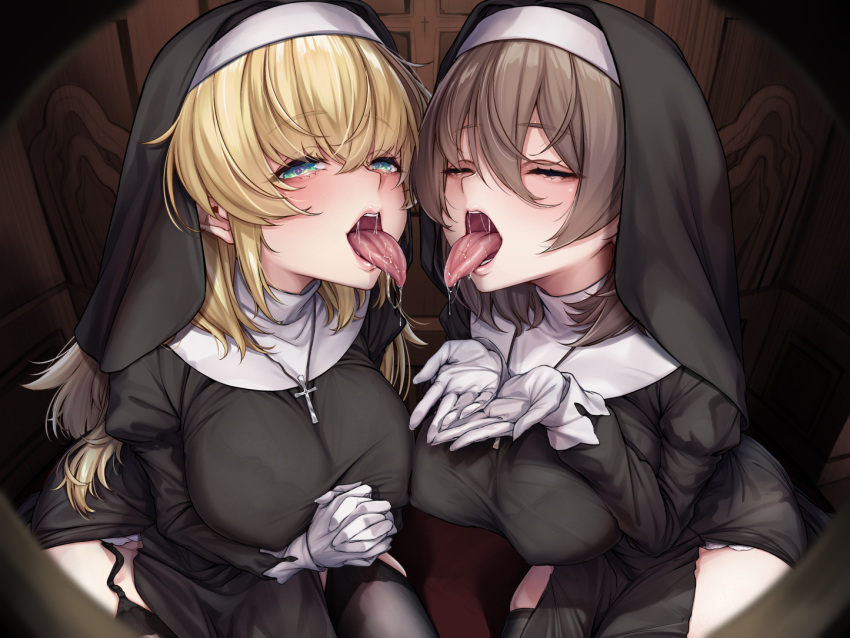 2girls blonde_hair blue_eyes breasts brown_hair closed_eyes confession_booth kurofude_anna large_breasts nun nun's_habit open_mouth original own_hands_together saliva saliva_drip tongue tongue_out yuri