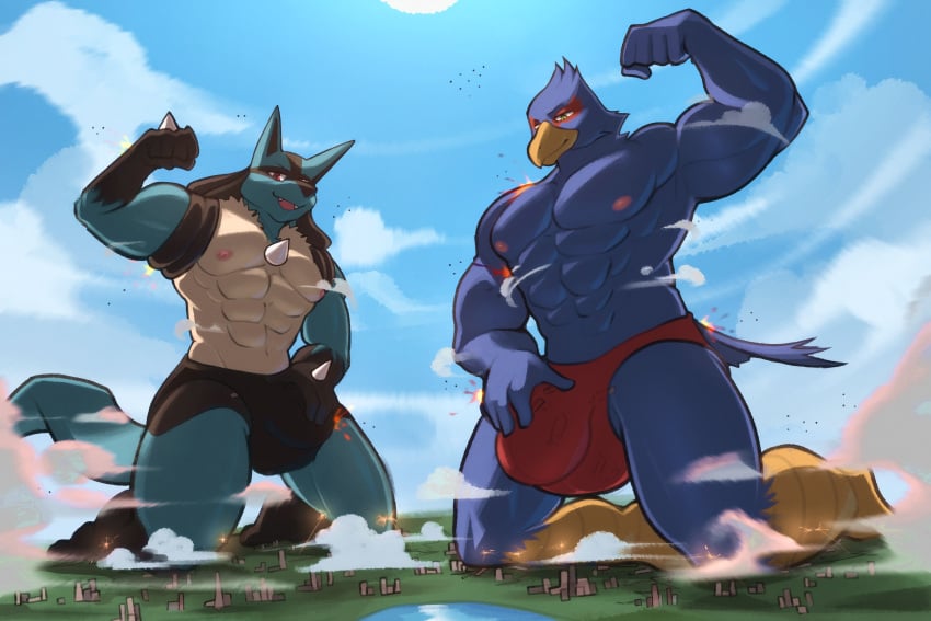 absurd_res aircraft airplane anthro avian bird blue_body blue_fur bulge bulge_grab canid canine city clothing destruction detailed_bulge duo falco_lombardi flexing_bicep fur generation_4_pokemon genital_outline green_eyes hi_res kneeling lucario macro male male_focus mammal muscular muscular_male nintendo pokemon pokemon_(species) red_eyes rygel_spkb speedo star_fox swimwear