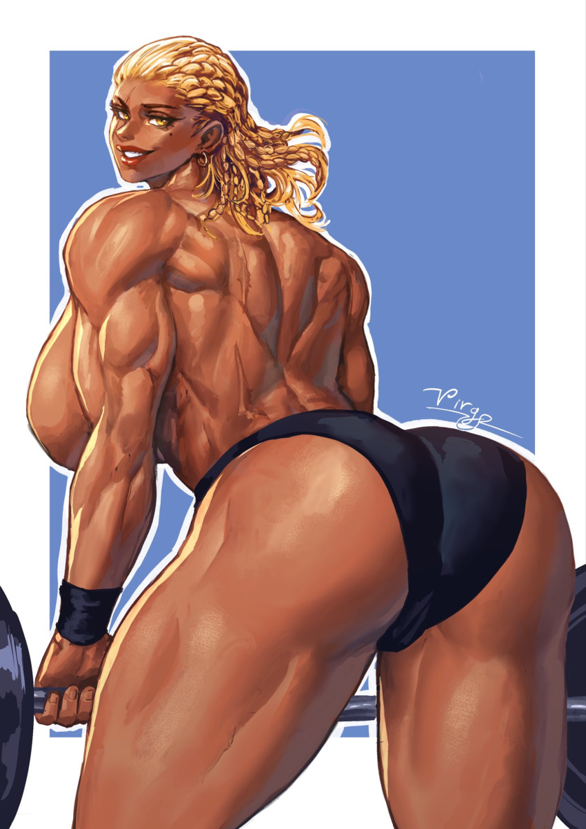 1girls artist_signature back_muscles big_butt blonde_hair color detailed_muscles female female_only golden_eyes lifting_weights looking_at_viewer looking_back_at_viewer looking_over_shoulder malice_firesday mole_under_eye muscular_arms muscular_female muscular_thighs original original_character panties scars scars_on_back sideboob simple_background smirk tanned thick_thighs topless virgoart1509