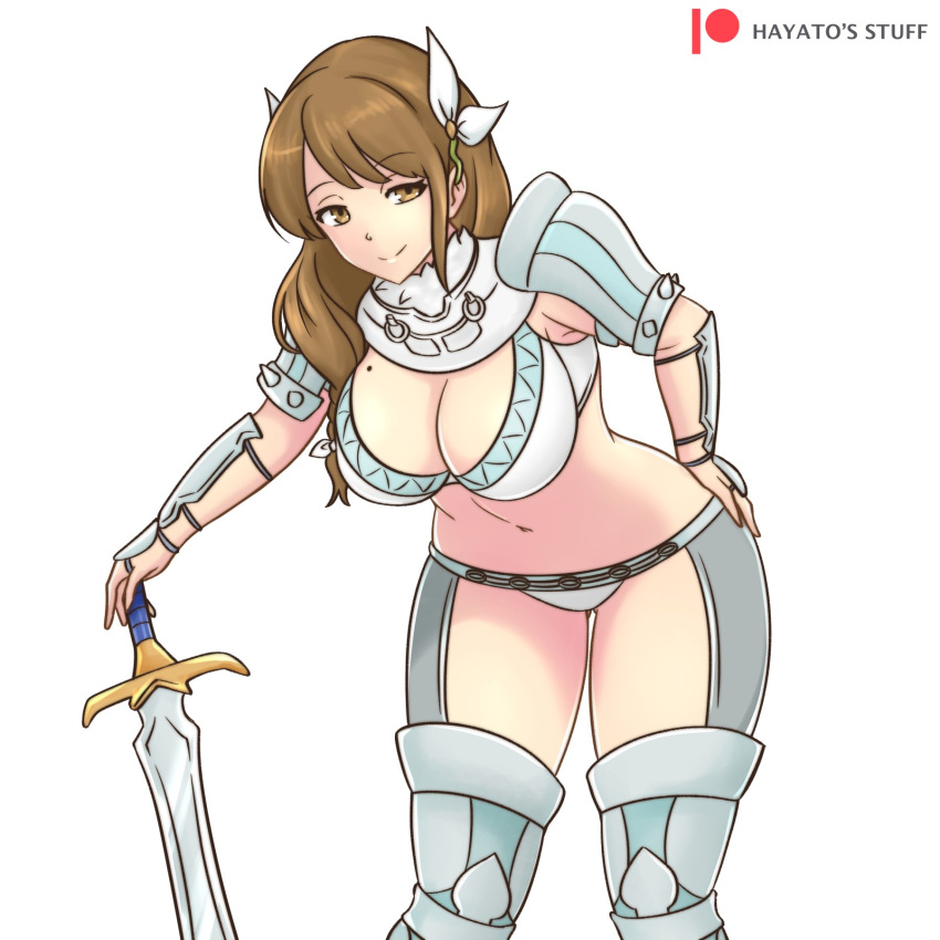 1girls alternate_costume armor bare_thighs bikini_armor braid braided_ponytail breasts brown_hair charlotte_(fire_emblem) charlotte_(fire_emblem)_(cosplay) cleavage cosplay cowboy_shot female female female_only fire_emblem fire_emblem_engage fire_emblem_fates goldmary_(fire_emblem) hair_ornament hair_ribbon hand_on_own_hip hayato_stuff highres hip_armor inner_thighs large_breasts leaning_forward long_hair looking_at_viewer low_ponytail mole mole_on_breast navel nintendo panties patreon_logo patreon_username pauldrons planted planted_sword ribbon shoulder_armor smile solo standing sword thighs underwear weapon white_background white_panties white_ribbon yellow_eyes