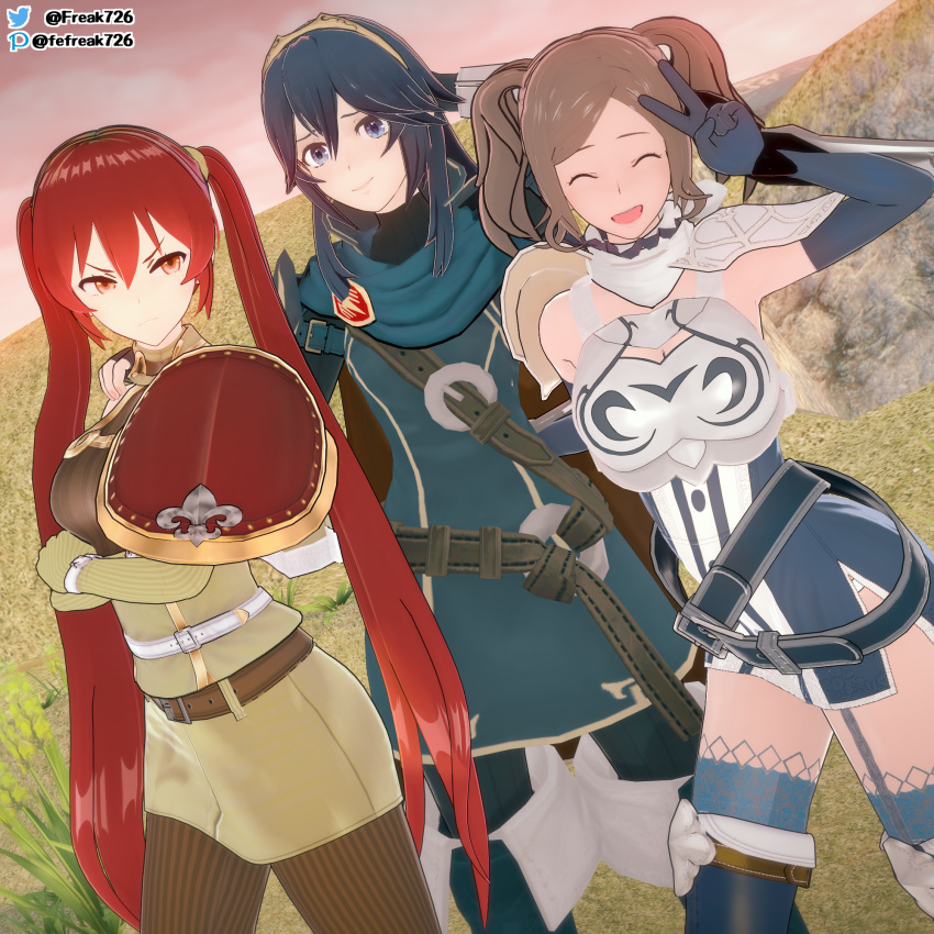 3d 3girls angry armpits blue_eyes blue_hair breasts brown_hair cleavage crossed_arms cynthia_(fire_emblem) elbow_gloves fefreak726 female female_only fire_emblem fire_emblem_awakening garter_straps gloves long_hair looking_at_viewer lucina_(fire_emblem) medium_breasts multiple_girls nintendo open_mouth outdoors red_eyes red_hair severa_(fire_emblem) short_hair smile symbol-shaped_pupils thighhighs tiara twintails v very_long_hair