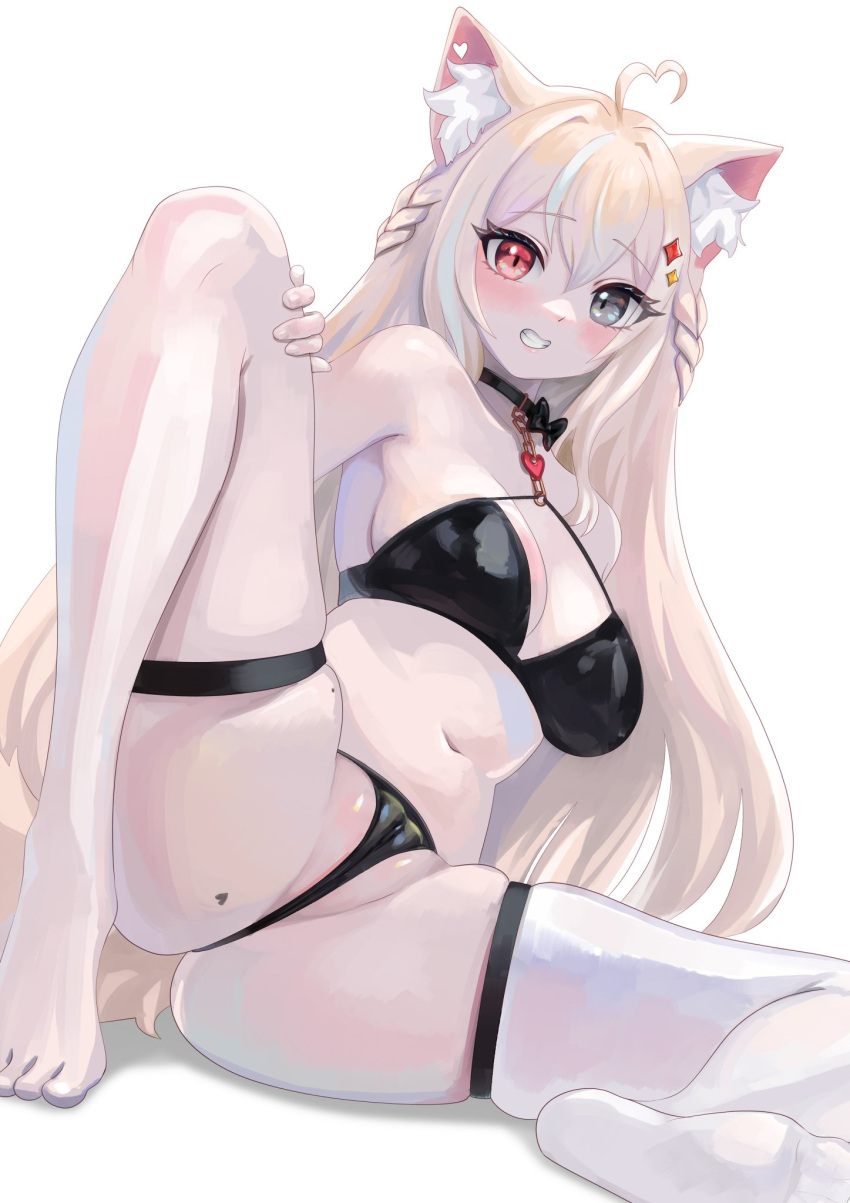 1girls amamochi0716 animal_ears belly_button big_breasts black_bra black_panties blonde_hair blush bra breasts cat_ears cat_tail catgirl eyebrows_visible_through_hair female female_only grey_eye lee_jooin light-skinned_female light_skin looking_at_viewer red_eye solo tail v-lup virtual_youtuber